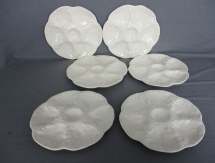 Set of 6 French Oyster Plates Porcelain Faience Gien France White Vintage