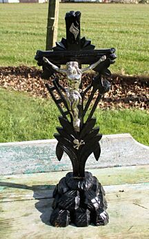 Small Carved Wood Jesus Christ Cross Table Standing Crucifix Tools of Passion