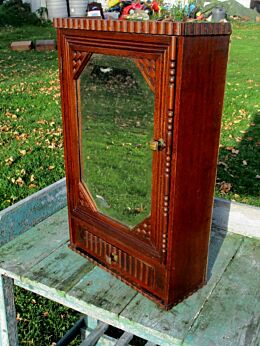 Carved Wood Medicine Wall Cabinet Beveled Glass mirror Apothecary drawer Lovely