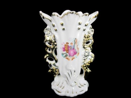 Lovely Small Vintage French Porcelain Fan Flair Bridal Cornet Vase Victorian scene Couple Courting 5.31"