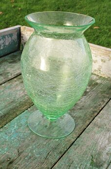 Vintage footed Green Crackle Vase Hand Blown