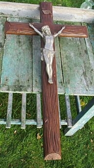 Large Carved Wood Wall Hanging Crucifix Cross Jesus Christ Silver Plated 28.74"