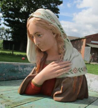 Bust Holy Mother Virgin Mary Madonna Plaster Statue Art Deco Flowers Antique