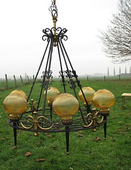 SOLD Vintage Castle Chandelier Wrought Iron Swirled Amber Glass Shades Lights NOS