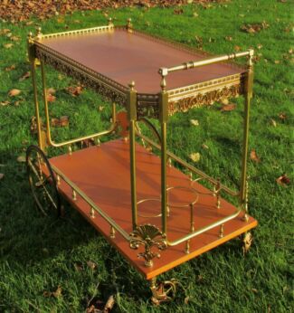 Large Rare Bar Cart Cocktail trolley Brown Wood Ornate Brass Vintage Stunning
