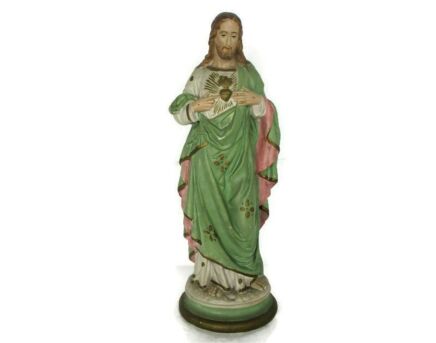 Antique Statue Jesus Christ Savior Sacred Heart Neo Gothic 1900s Plaster 16.14"