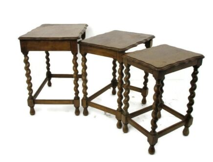 Set of 3 Barley Twist Wooden Nesting Stacking Side Tables Barn Country Style Farmhouse