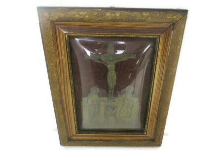 Antique Wooden Frame Red Velvet Convex Glass Crucifix Cross Corpus Christi Calvary St John Mary of Magdala
