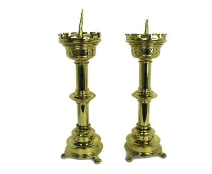 Large Couple Vintage Church Altar Ornate Brass Candle Holders 1950s