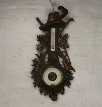 German Hand Carved Wood Barometer Thermometer Weather Station Tirol Hat