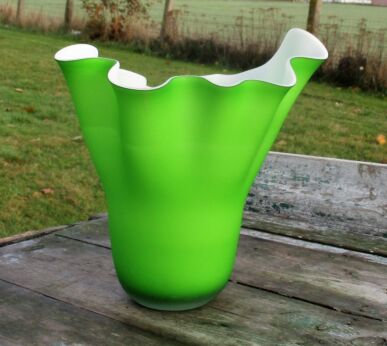 Fazzoletto Vintage Italian Mid Century Green Cased Glass vase Era Venini