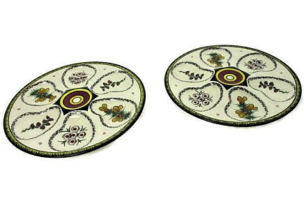 Pair 2 French Oyster Plates Porcelain Faience Hand Painted Le Treport Vintage