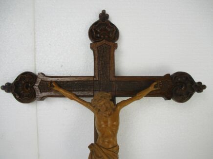 Hand Carved Wood Ornate Hanging Crucifix Cross Jesus Christ Art Piece Wooden Corpus Signed H. Albert Stunning