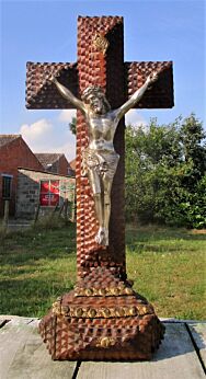 Tramp art Standing Crucifix Hand Made Carved wood Ornate Brass Jesus Christ