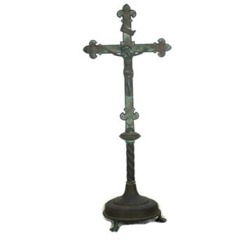 Large Antique Brass Altar Crucifix Christ Cross Fleur de Lis French Ornate 27.1"