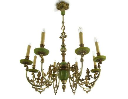 Chandelier 8 Arms Lights Hollywood Regency Brass Faux Marble Chandelier