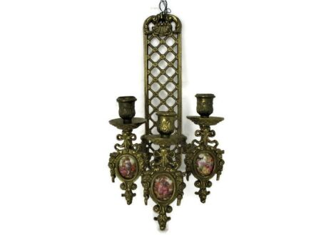 French Brass Wall Sconce Candelabra Victorian era Limoges Sevres 3 arms Medallions