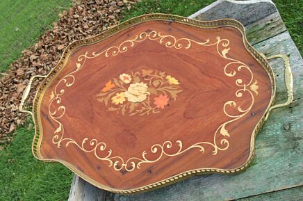 Authentic Vintage Marquetry Inlay Serving Tray Plate Platter Italian Wood Brass