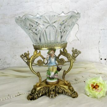 Large Table Centerpiece Crystal Bowl Brass Stand Mythical Mermaids Putti