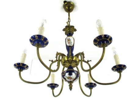 Chandelier 6 Arms Lights Ceramic Porcelain Ceramic Brass Italian Blue Gold Fish