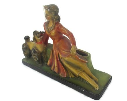 art nouveau statue Figurine Girl  with King Poodle Arnavo Plaster Planter Vase Mantel Piece France