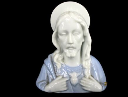 Small Bust Holy Heart Jesus Christ Blue Glazed Porcelain Lovely