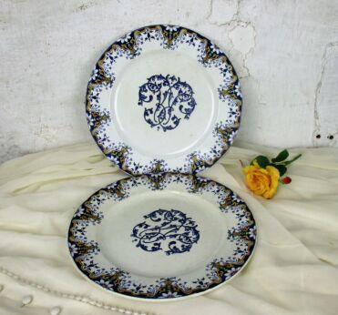 two plates Longwy rouen Marked French Flowers Decorative Blue White Gold