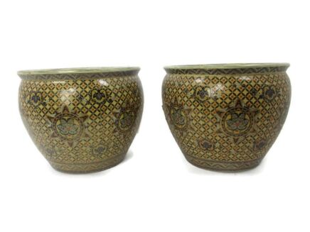 Couple Pair XL Vintage Chinese Porcelain Enamel  Koi Fish Bowl Planter Vase  Cachepot  Gorgeous