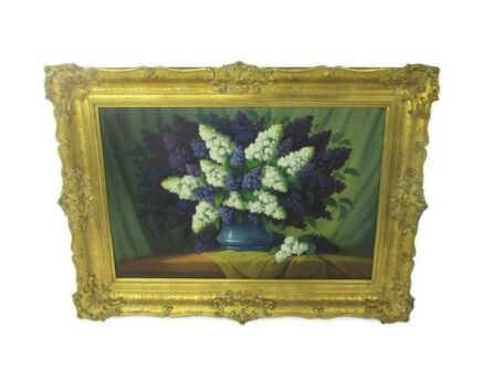 XL Painting Framed Ornate Oil on Canvas Signed Van Laere Lilac Flower Boucquet