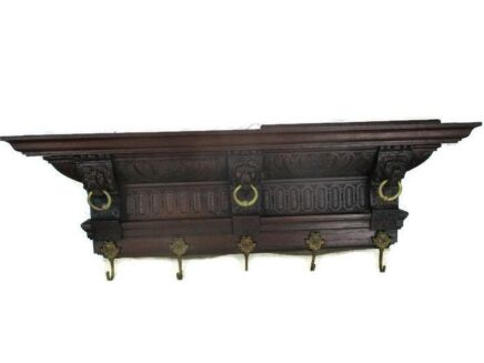 Small Vintage Hand Carved Wood Coat Hat Rack Lion Head Rings Gorgeous
