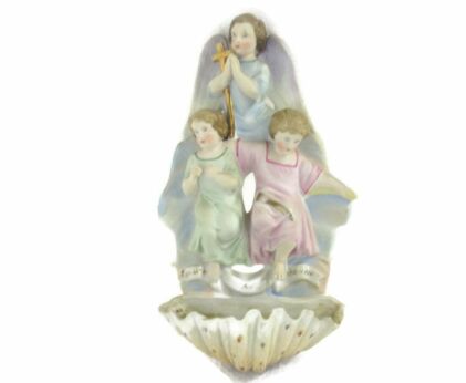 French Holy Water Font Vessel Infant Angels Jesus Christ Crucifix  Bisque HTF Lovely