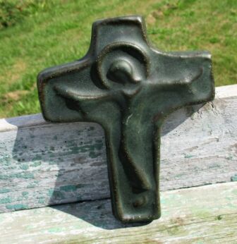 Small Mid Century Design Ceramic Modernist Crucifix era Perignem Dark Green