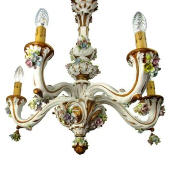 Capodimonte Chandelier 5 arm gorgeous Flowers Porcelain Italy Marked Working