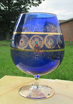 Vintage Blue round Chalice Vase Art Glass Gold Gilt Green "Pearls" 11.02"