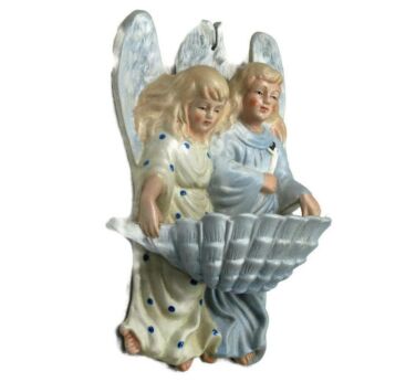 Large Antique French Holy Water Font Vessel Angels Bisque Porcelain HTF 8.66"