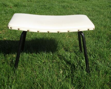 Vintage Small Stool Ottoman Footstool Iron Legs Semi Leather Authentic Funky