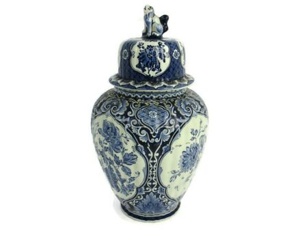 Large Royal Sphinx Maastricht Delft Vase Urn Marked Boch Blue White Foo Dog
