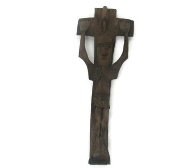 Primitive Antique  Folk Art Hand Carved Wood Hanging Ornate Crucifix Wooden Corpus Jesus Christ