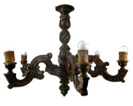 Hand Carved Ornate wood Chandelier 6 lights arms Ceiling Light lamp Mid Century