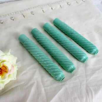 4 Antique Custard Swirled Glass Bobeche Candle Chandelier Sleeves Blue Green
