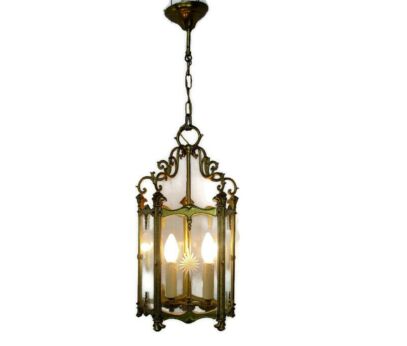 Vintage Lantern Ornate Etched Glass Stars Chandelier Pendant 2 Lights HTF