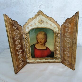 Small Florentine Wood Traveling Icon Triptych Virgin Mary Madonna Decorative HTF