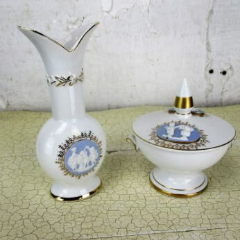 Small Vase and Lidded Bowl White Porcelain Jasperware Angels Cherubs 2 Pieces