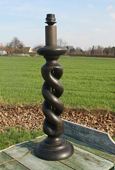 Antique Carved Dark Wood Double Open Barley Twist Floor Desk Lamp