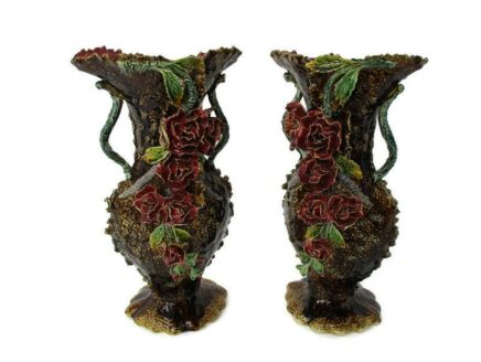 Art Nouveau Couple Pair French Barbotine Majolica Vases Applied Roses Gorgeous