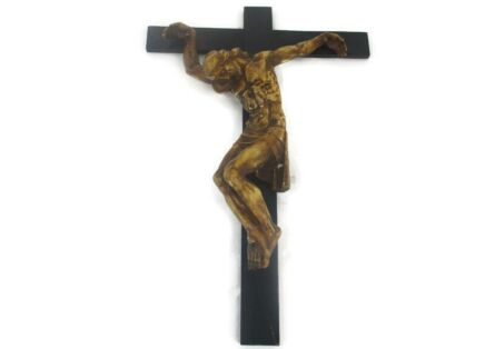 XL Wood Hanging Church Crucifix Plaster corpus Signed Van Der Meeren Dramatic