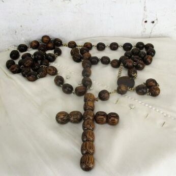 Very Large French Vintage Rosary Carved Wood Paternoster Decoration Ornate HTF
