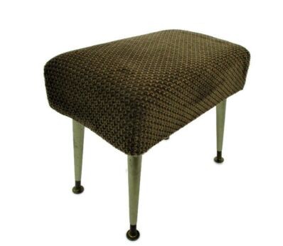 Small Vintage Footstool Ottoman Green Beige Fabric Brass funky Legs Retro