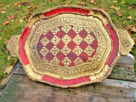 Italian Mid Century Hollywood Regency Florentine Serving Tray Red Gold Gilt