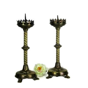 Pair Candle Holders Candlesticks Altar Twisted Stem Brass Claw Feet Neo Gothic